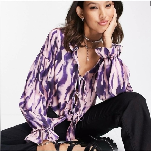 Topshop Pink and Purple Tie Dye Ruffle Flouncy Lightweight Blouse Size 6 - Picture 2 of 16